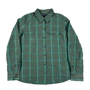 Patagonia Button Down Womens 2 Green Plaid Long Sleeve Roll Tab Hiking Shirt